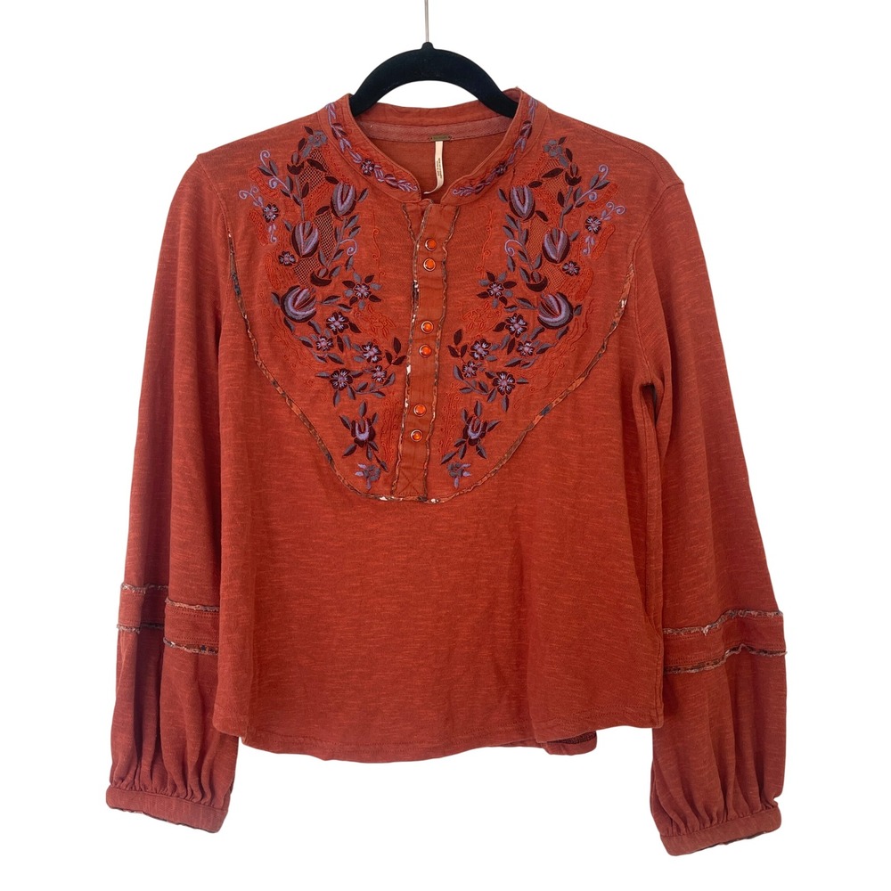 Free People Sundance Kid Rust Orange Embroidered Floral Boho Long Sleeve Top XS‎